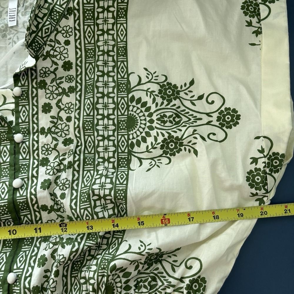 Kaktus Shirt Dress Medium Ivory Green Floral Cotton Belted Button Midi Boho Cap - Picture 10 of 11